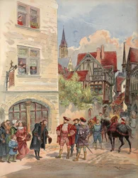 Francis I ontvangen door Estienne bij de deur van zijn drukpers, illustratie uit 